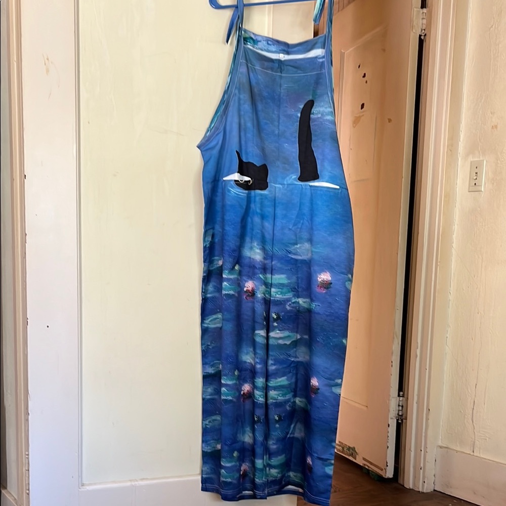 Blue overalls with impressionistic Cat Design